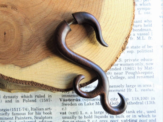 Large Faux Gauge Wooden Earring Tribal Spiral Hook