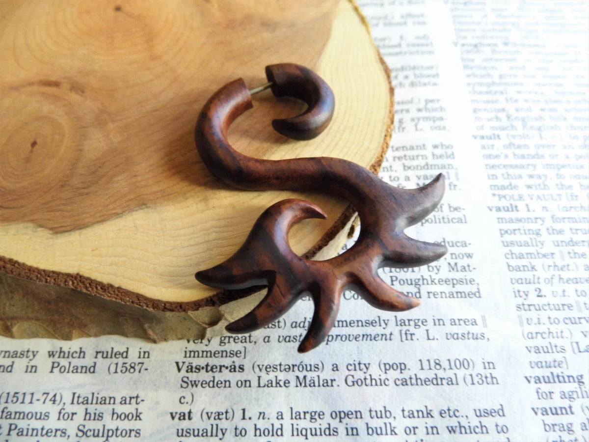 Large Fire Flare Wood Earring Faux Expander