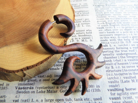 Large Fire Flare Wood Earring Faux Expander