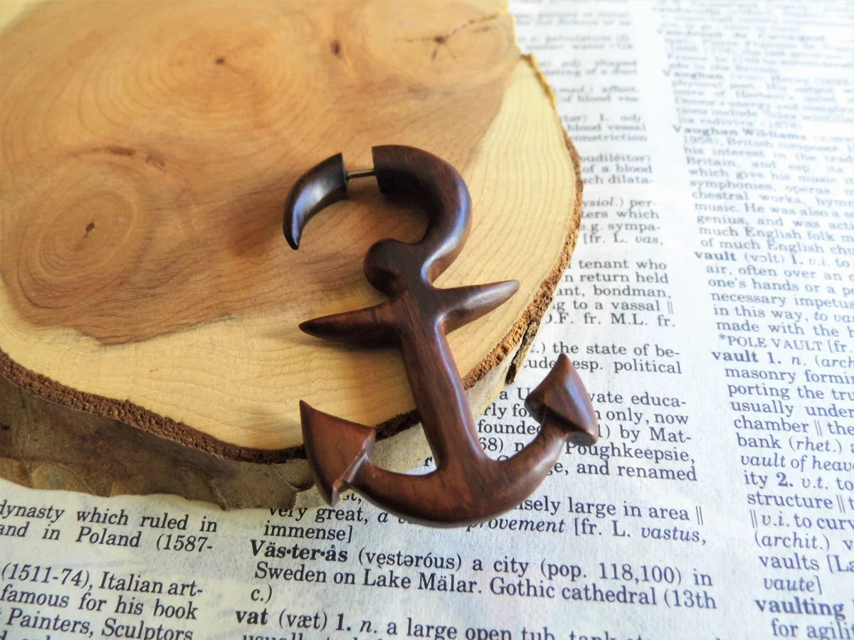 Anchor Wooden Earring Fake Stretcher