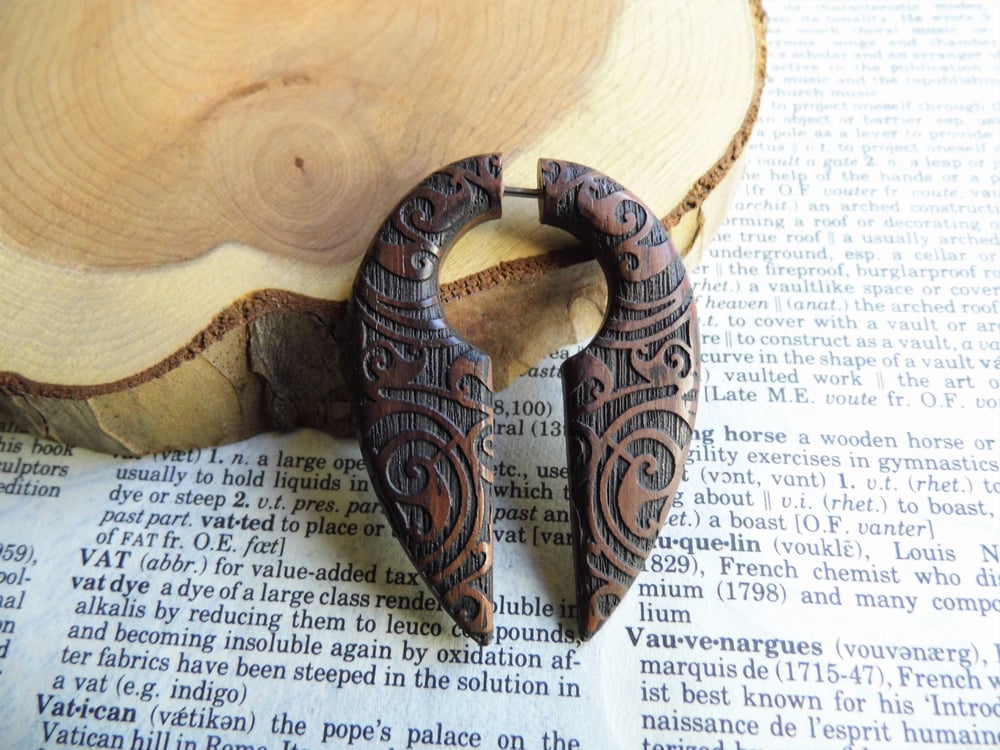 Large Unisex Wood Faux Gauge Earring Celtic Crescent