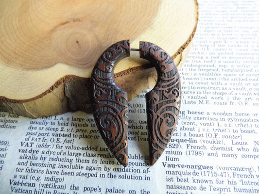 Large Unisex Wood Faux Gauge Earring Celtic Crescent