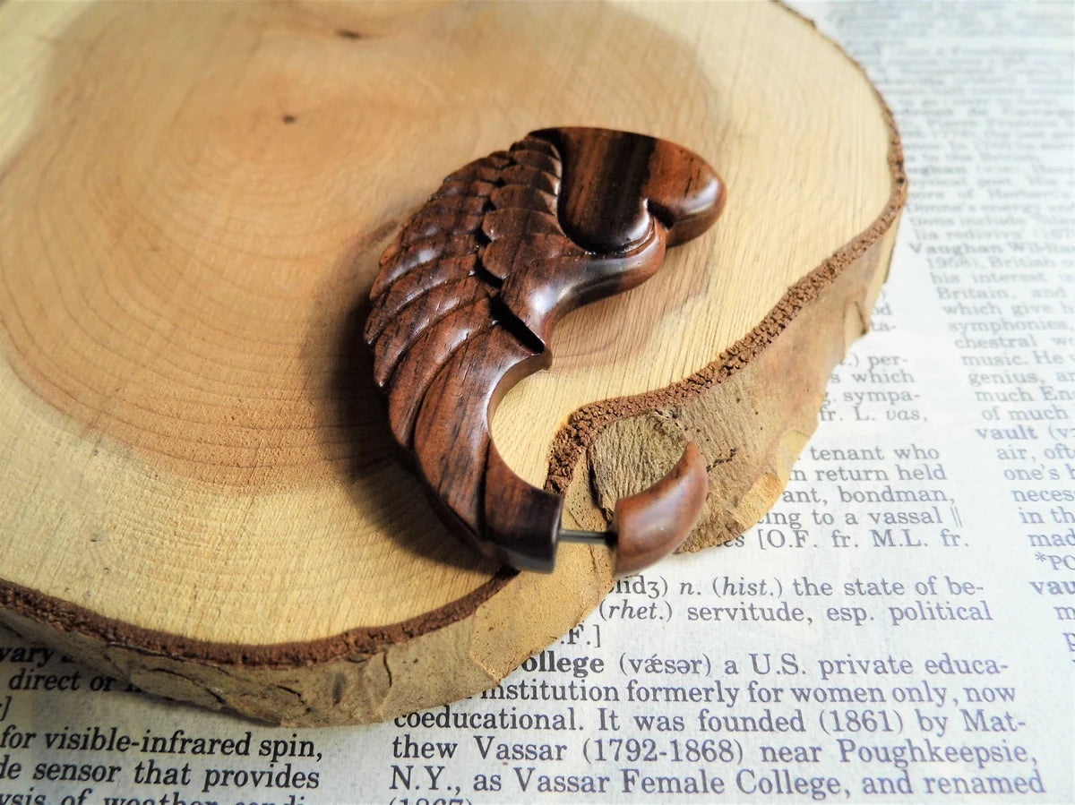Organic Wood Earring Heart  Wings Wearable Art