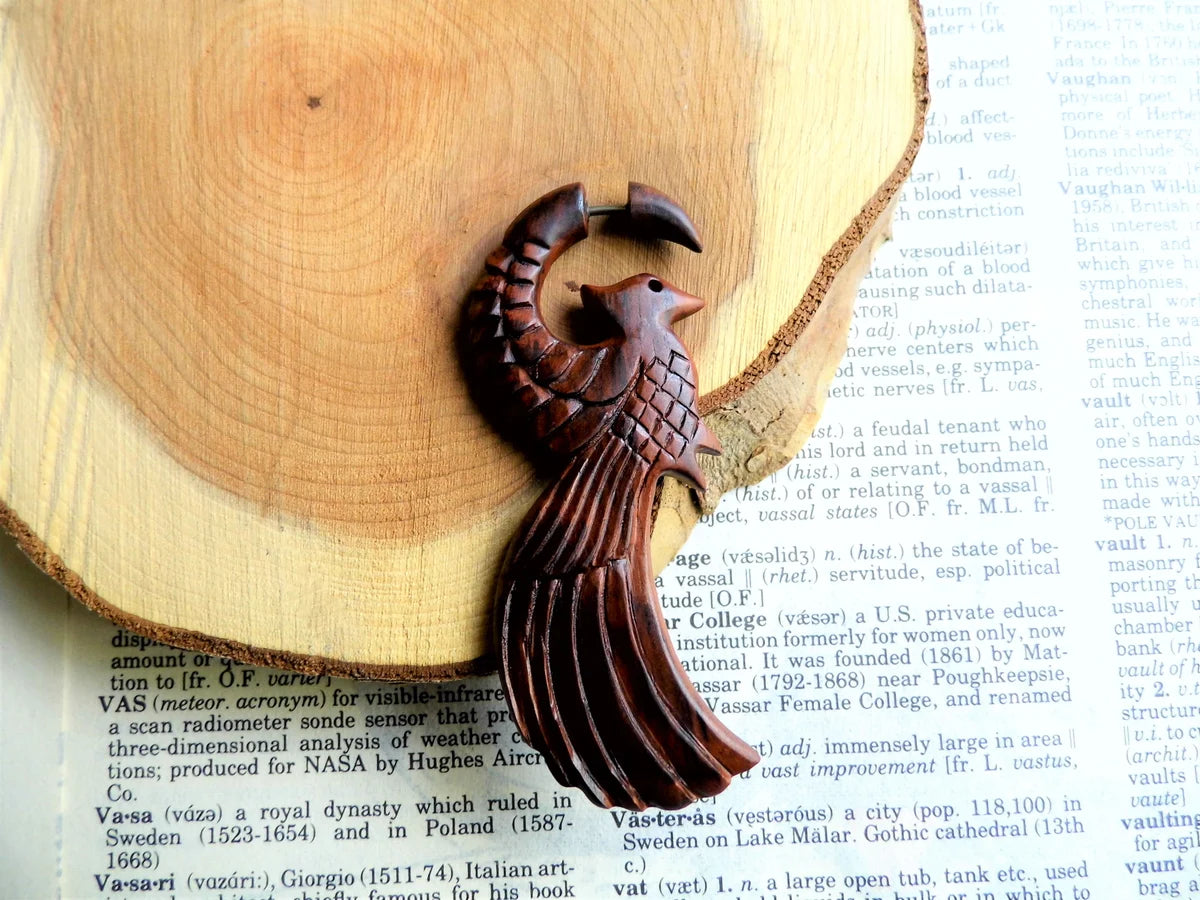 Large Organic Wood Earring Birds Wings Wearable Art