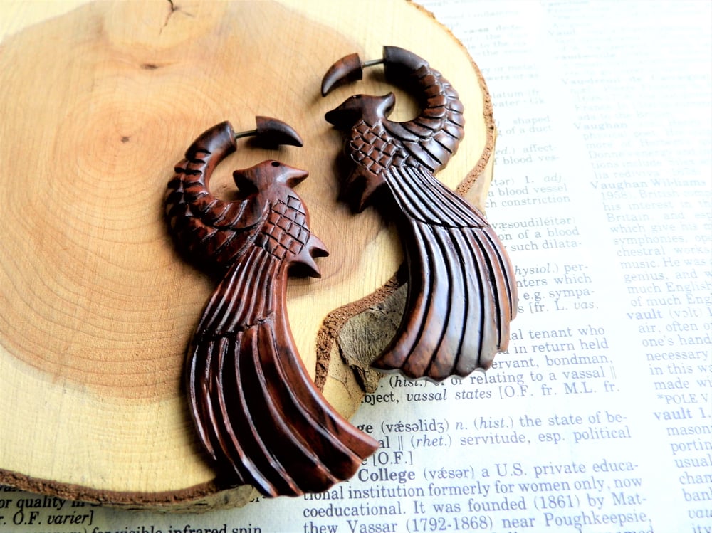Large Organic Wood Earring Birds Wings Wearable Art