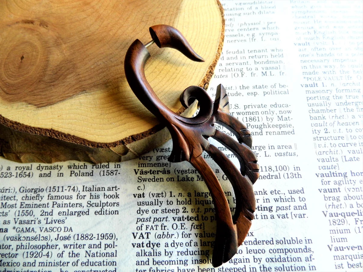Extra Large Faux Gauge Wooden Earring Tribal Wings