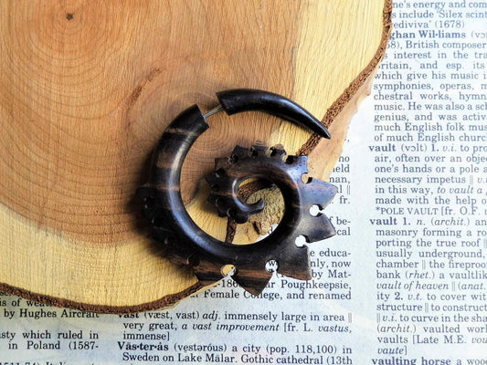 Unisex Spiral Wood Organic Earring Faux Gauge