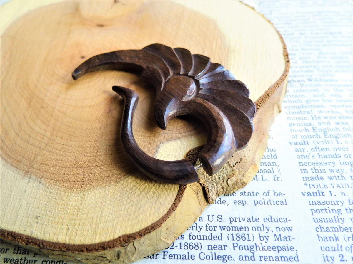 Unisex Angel Wings Wood Organic Earring Faux Gauge