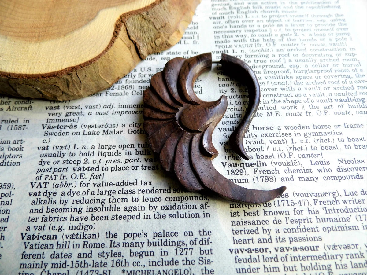 Unisex Angel Wings Wood Organic Earring Faux Gauge
