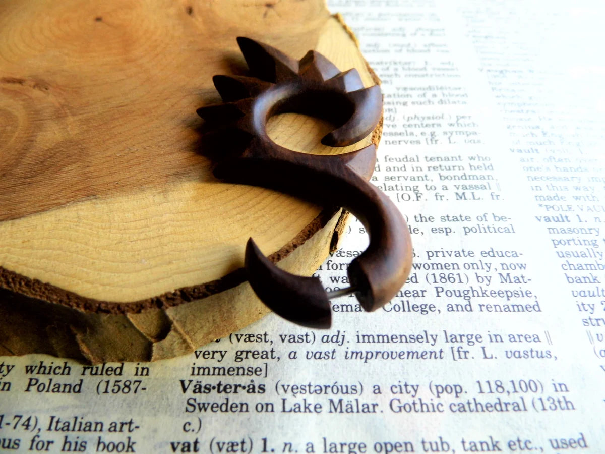 Large Faux Gauge Wooden Earring Tribal Fire Flare