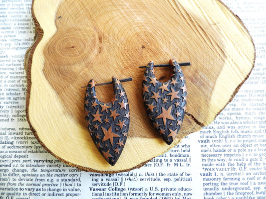 Organic Wood Earrings Unisex Engraved Stars