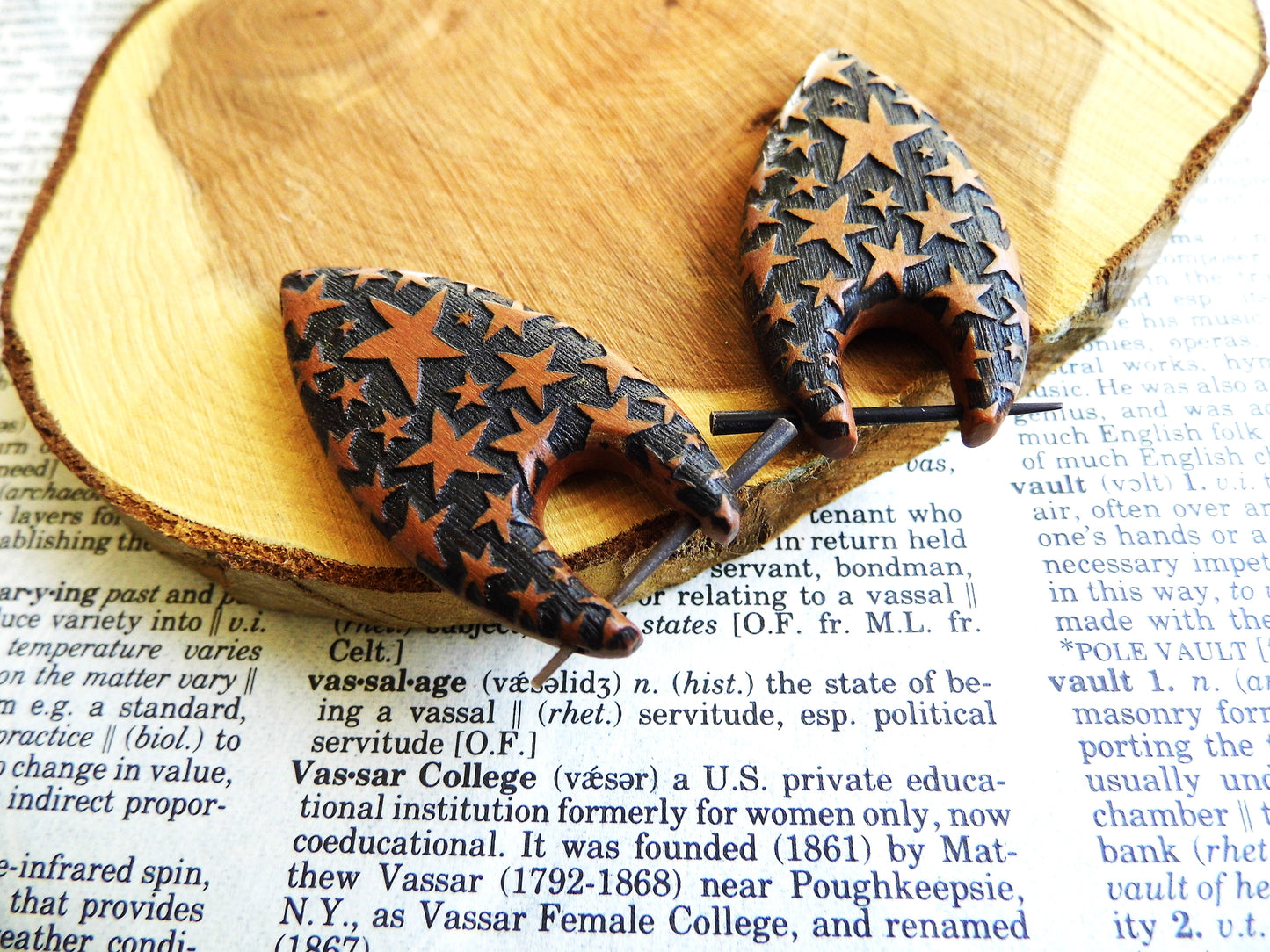 Organic Wood Earrings Unisex Engraved Stars