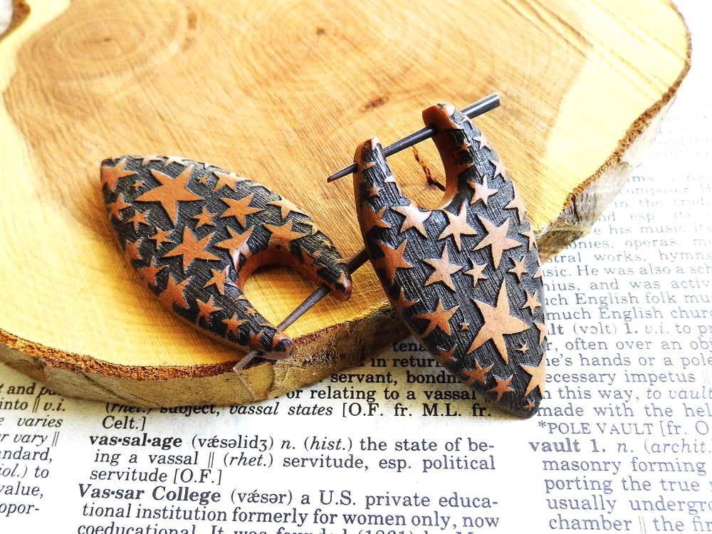 Organic Wood Earrings Unisex Engraved Stars