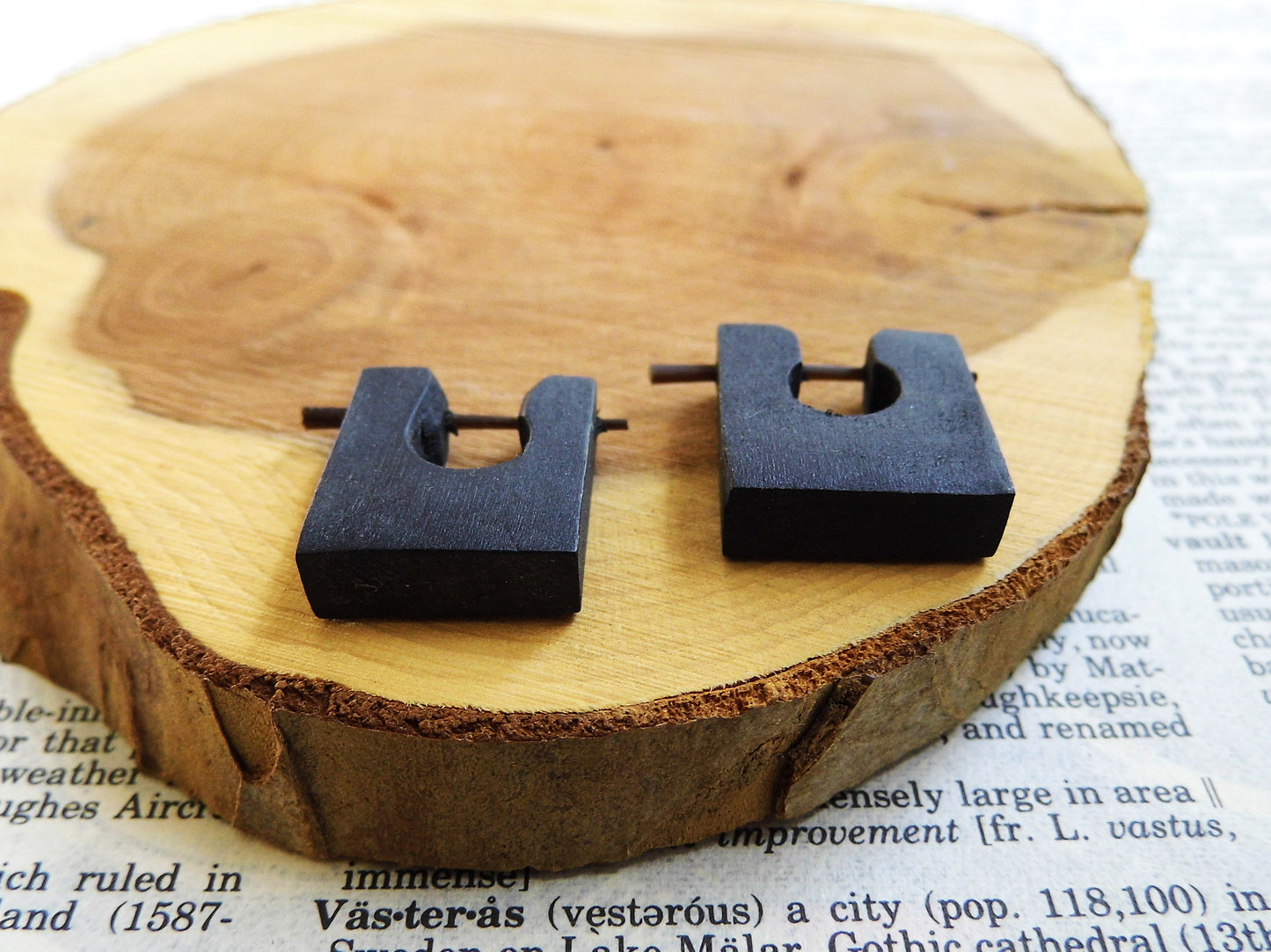 Tiny Square Wood Huggie Hoop Earrings Black