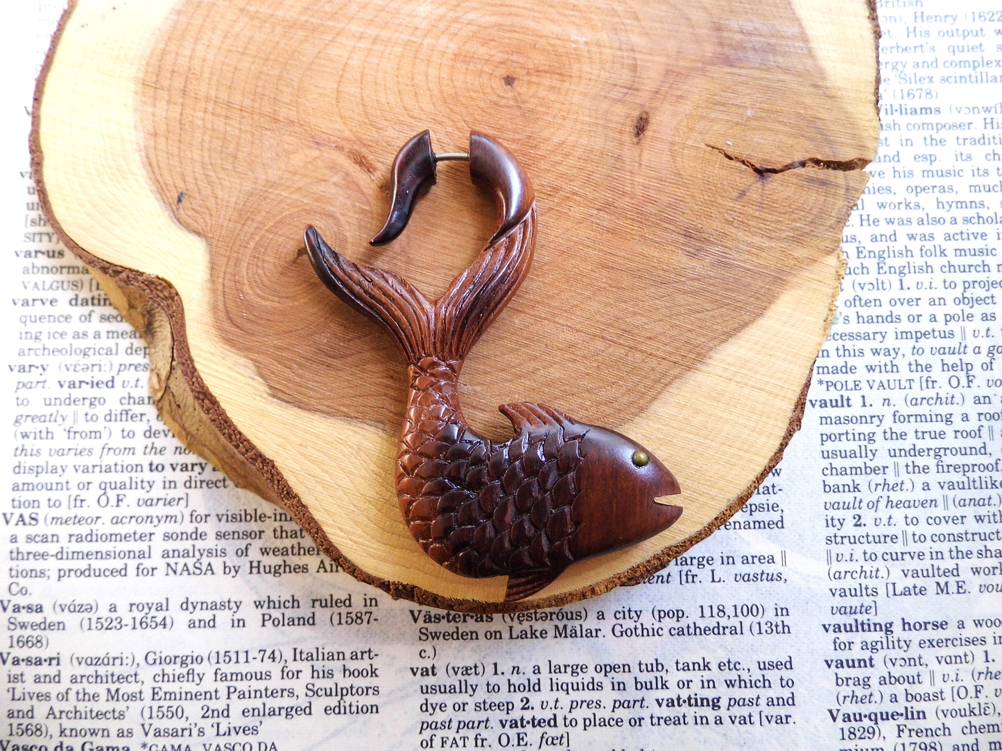 Pair Large Organic Wood Earring Fish Pisces Wearable Art