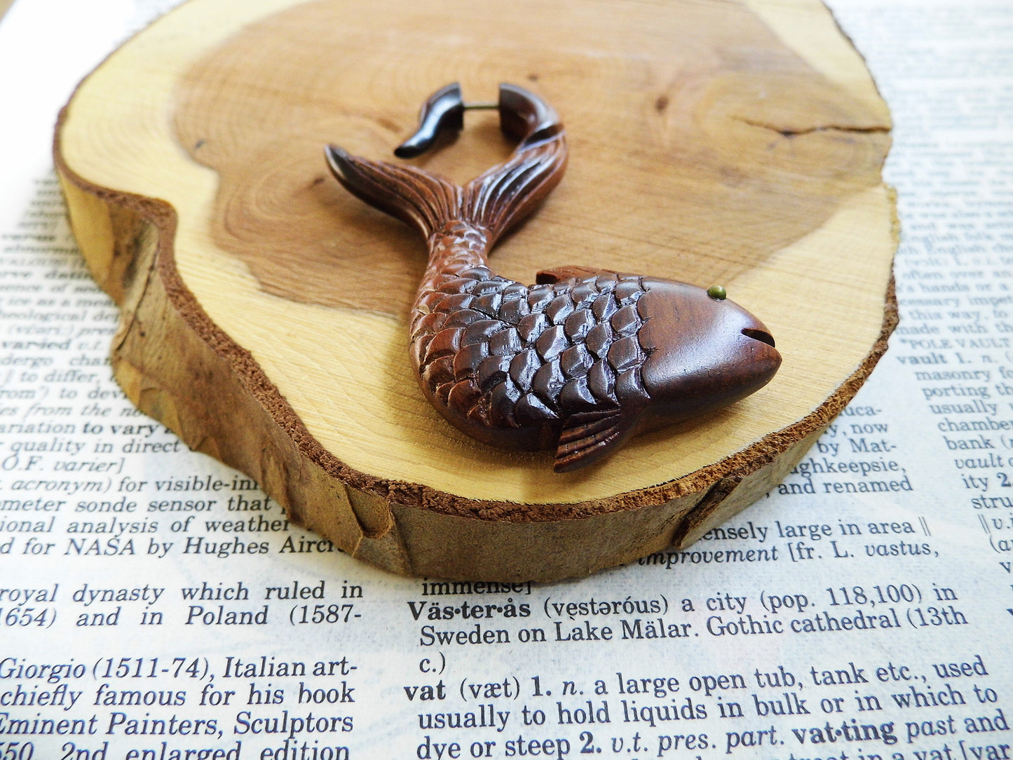 Pair Large Organic Wood Earring Fish Pisces Wearable Art