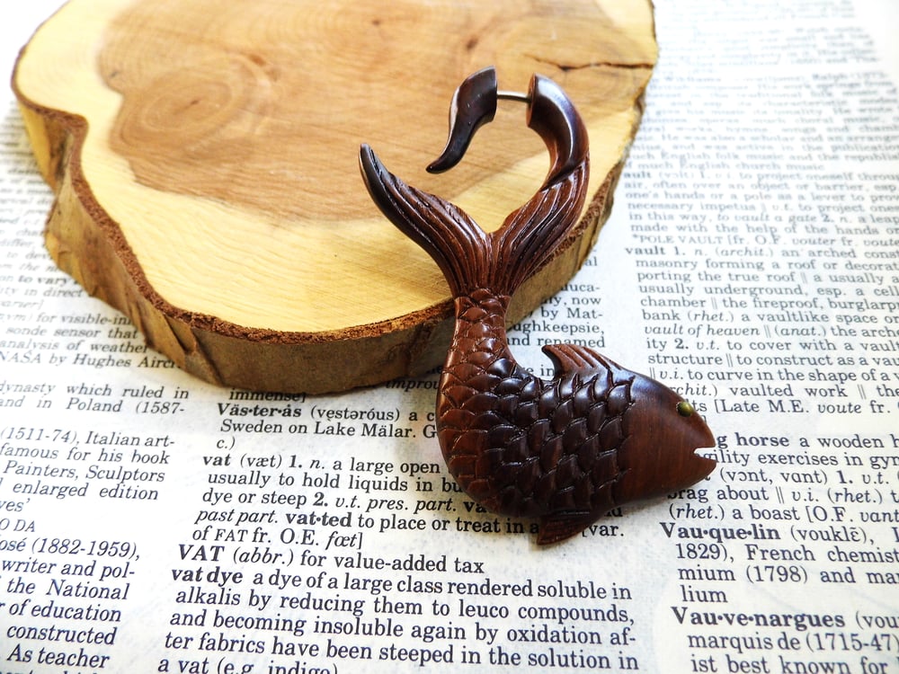 Pair Large Organic Wood Earring Fish Pisces Wearable Art