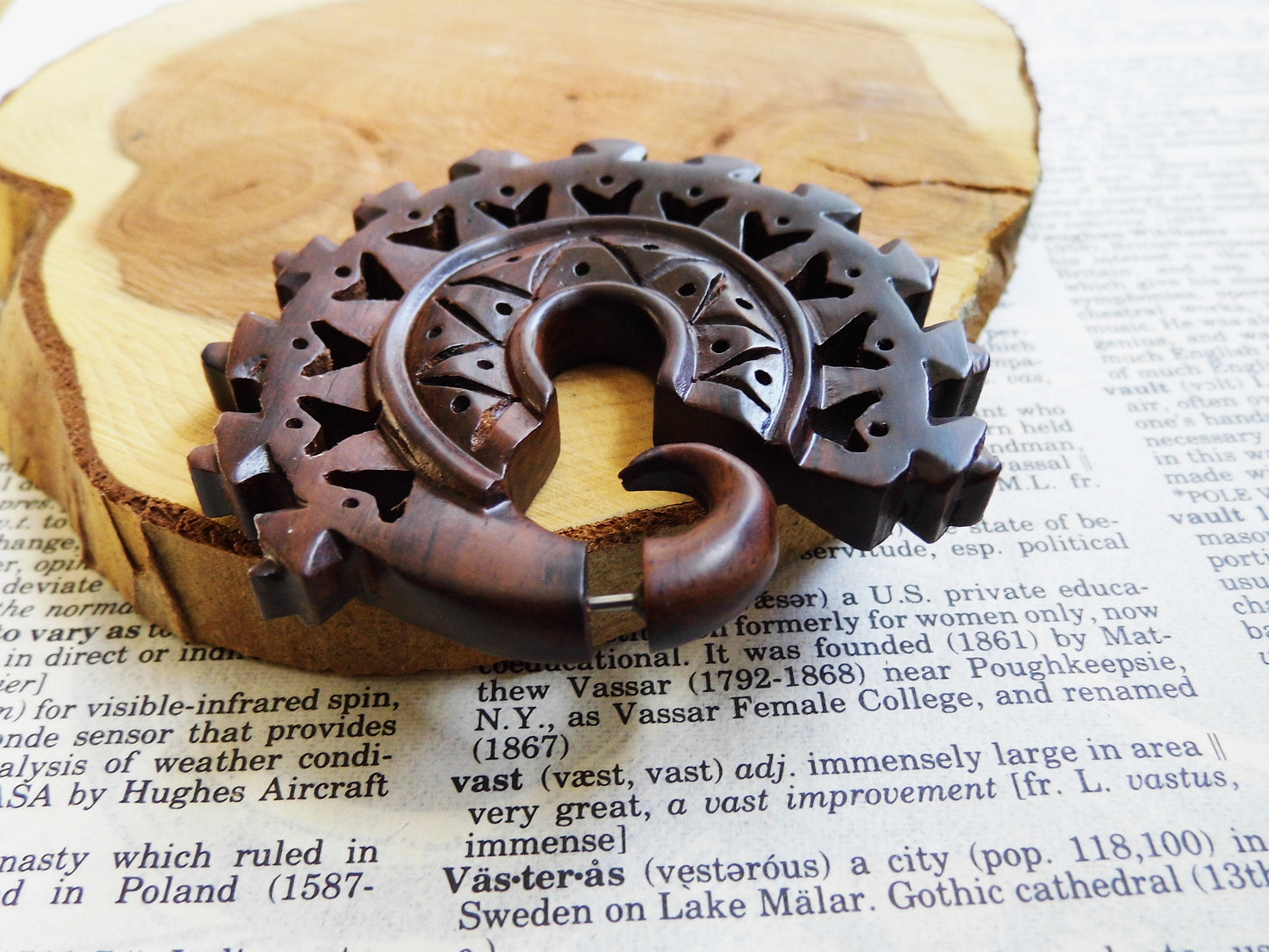 Extra Large Unisex Organic Wood Earring Carved