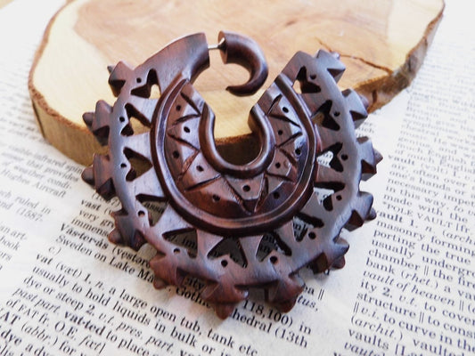 Extra Large Unisex Organic Wood Earring Carved
