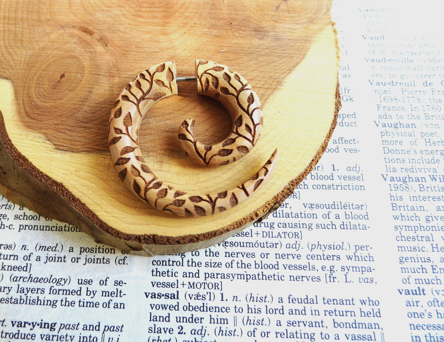 Large Leaves Carved Olive Wood Spiral Earring Faux Gauge