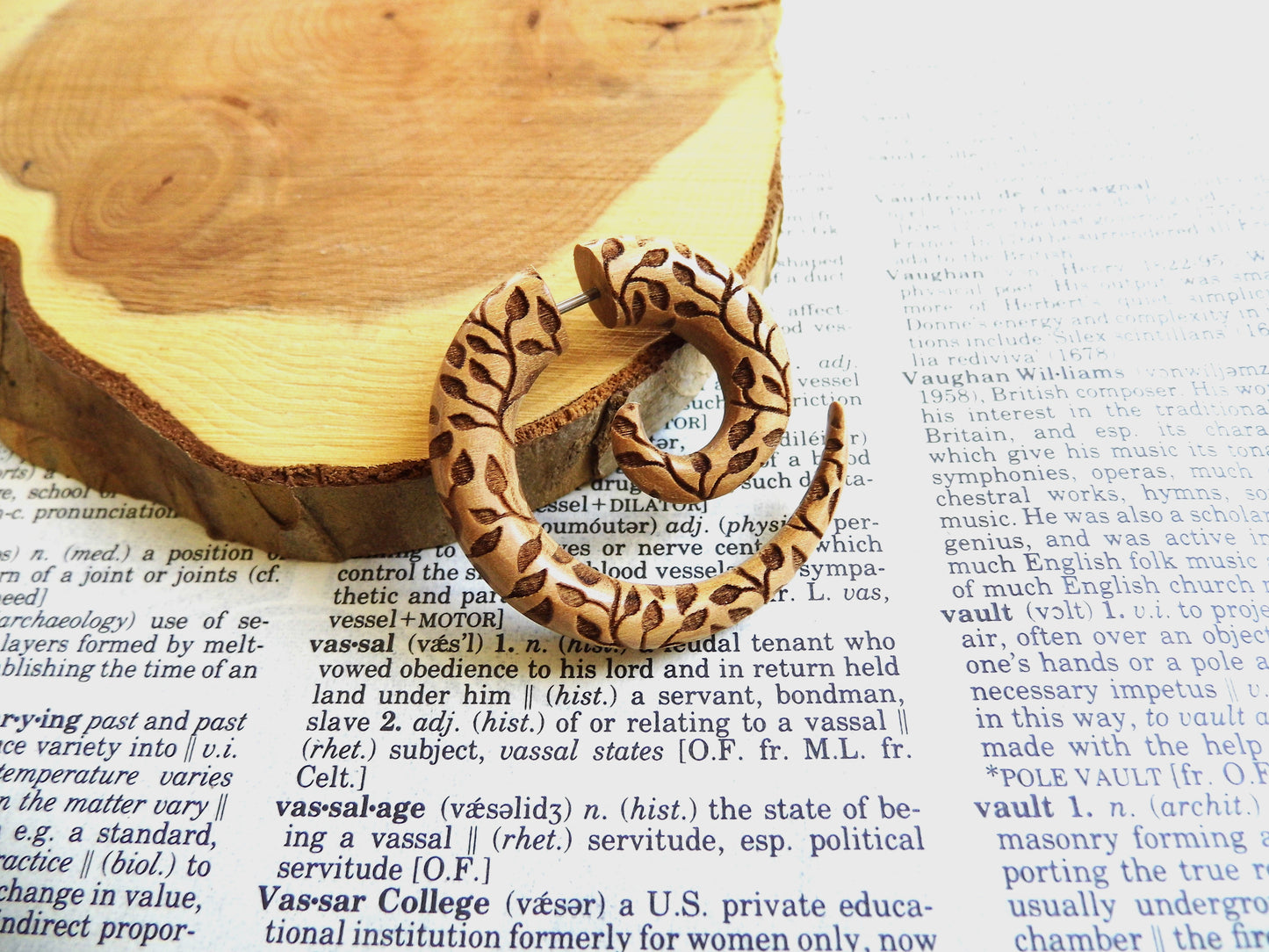 Large Leaves Carved Olive Wood Spiral Earring Faux Gauge