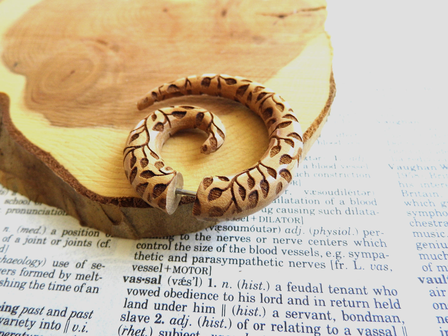 Large Leaves Carved Olive Wood Spiral Earring Faux Gauge