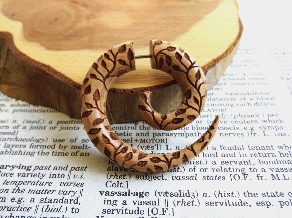 Large Leaves Carved Olive Wood Spiral Earring Faux Gauge