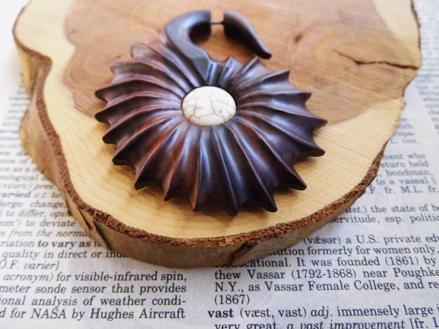 Large Unisex Organic Wood Earring Carved Fan