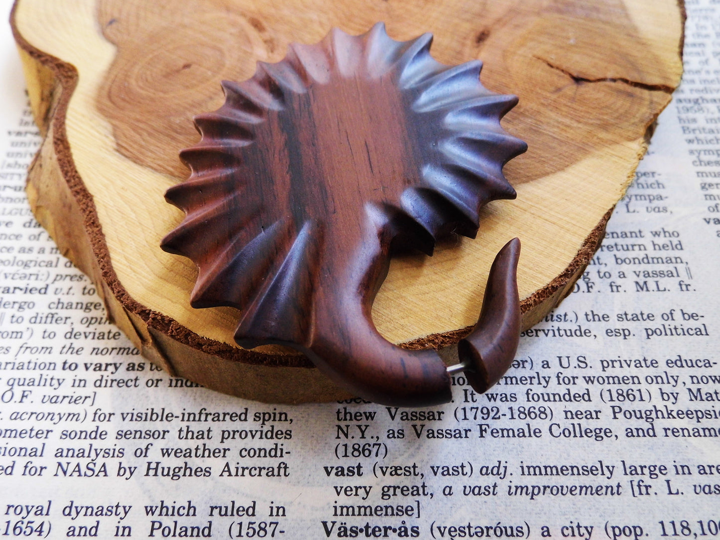 Large Unisex Organic Wood Earring Carved Fan