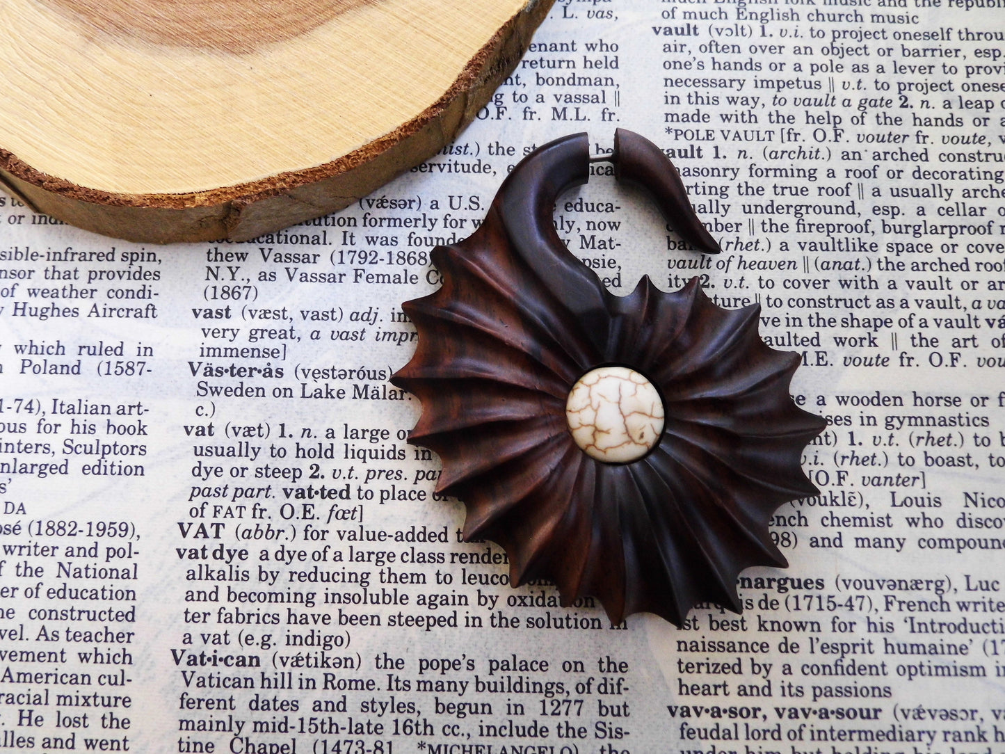 Large Unisex Organic Wood Earring Carved Fan