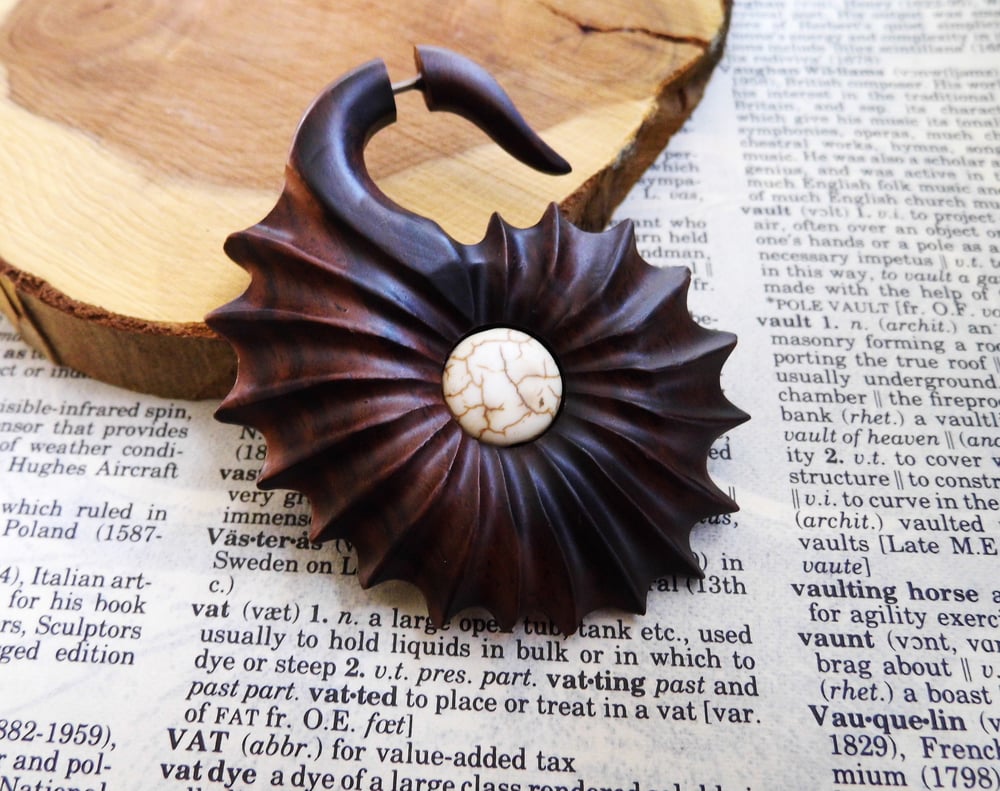 Large Unisex Organic Wood Earring Carved Fan