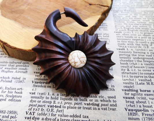 Large Unisex Organic Wood Earring Carved Fan