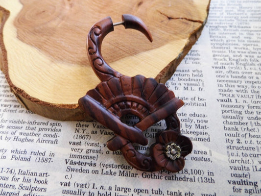 Wooden Earring Carved Fan Feather