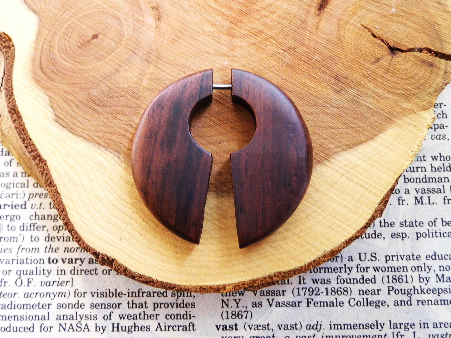 Wood Organic Earring Unisex Hook Faux Gauge Crescent