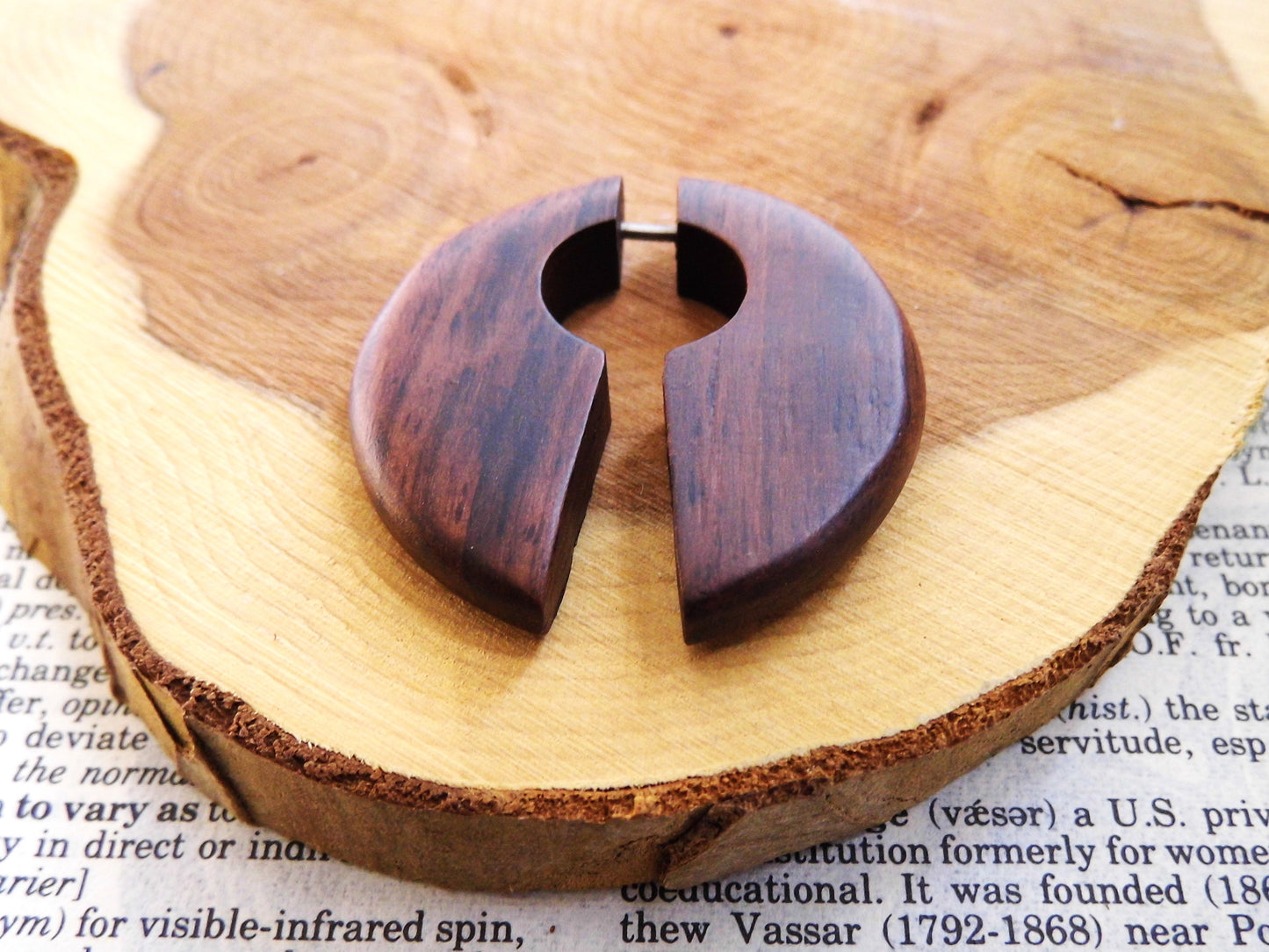 Wood Organic Earring Unisex Hook Faux Gauge Crescent