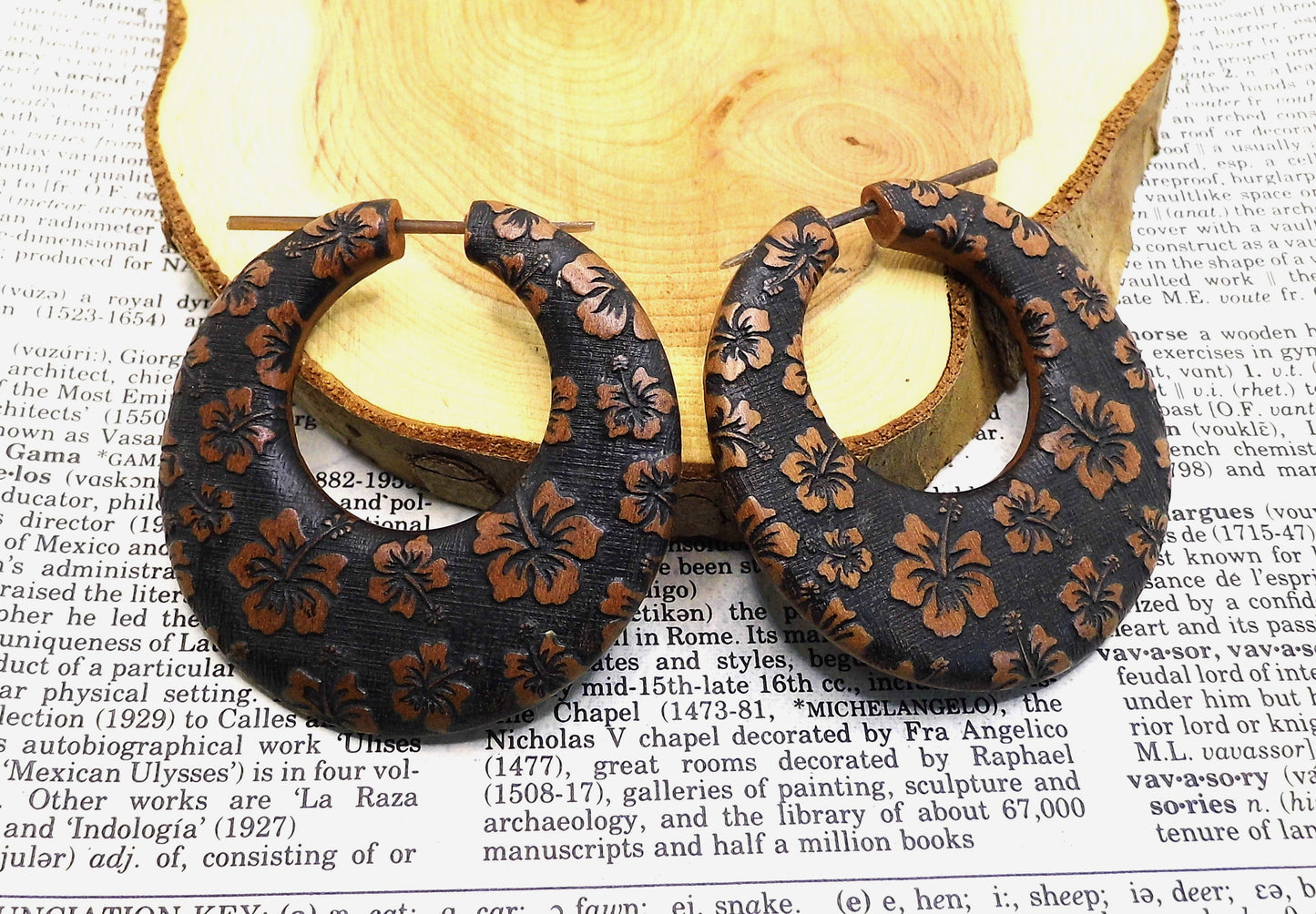 Flower Hoop Large Womens Wood Earrings