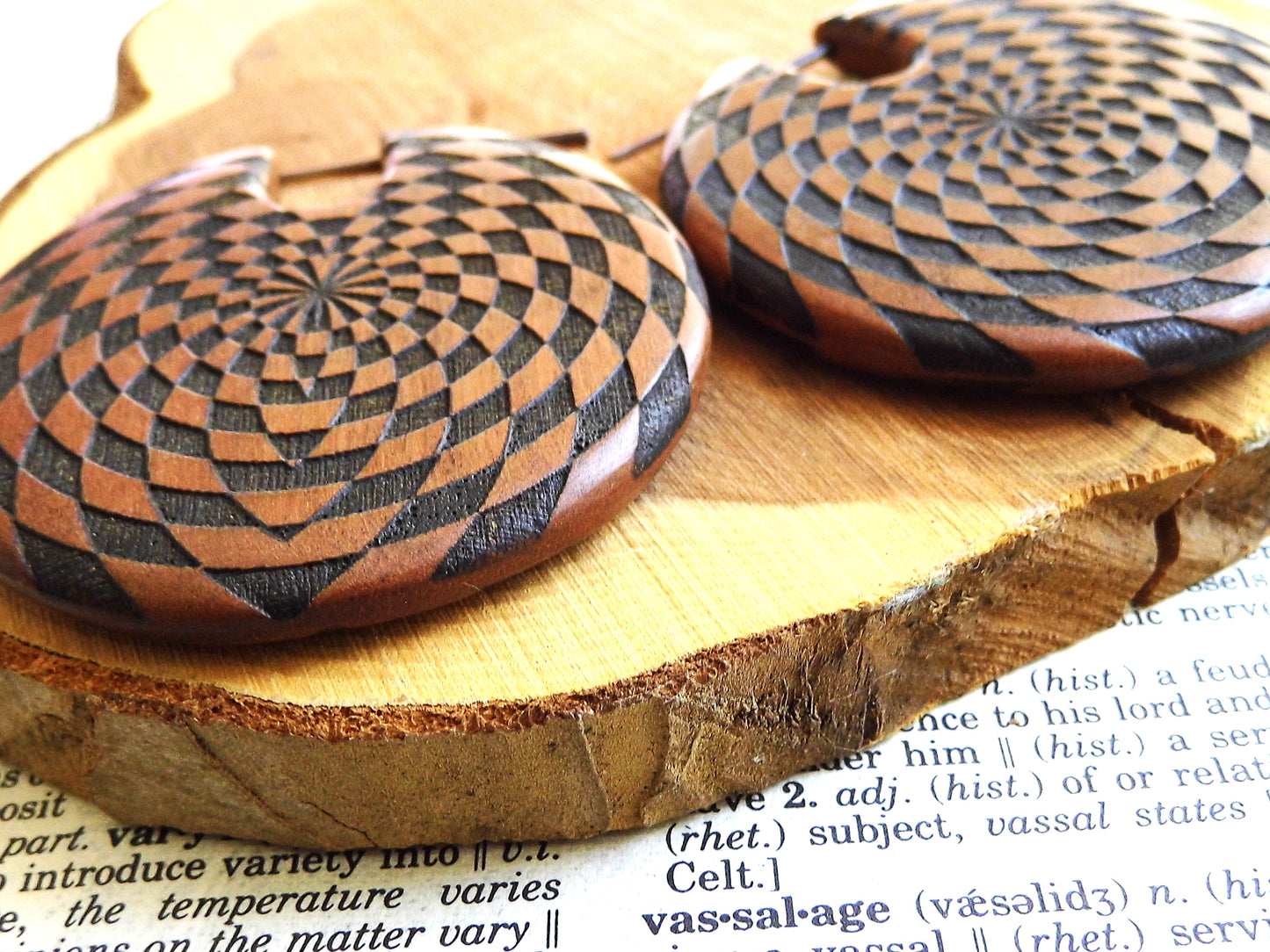 Huge Wood Organic Earrings Unisex Checkered