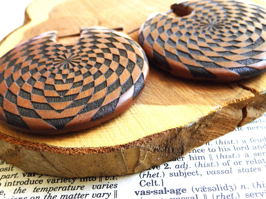 Huge Wood Organic Earrings Unisex Checkered