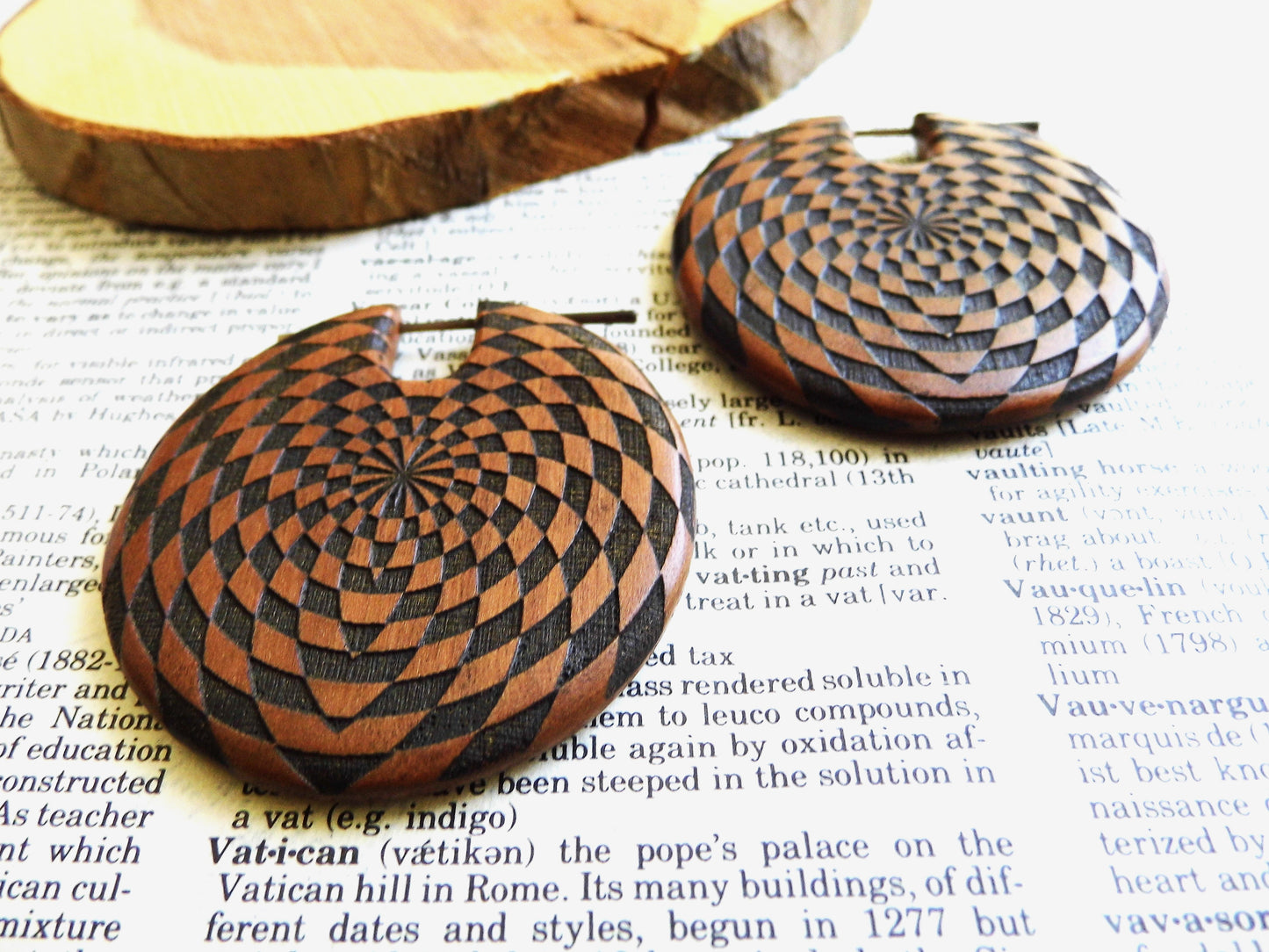 Huge Wood Organic Earrings Unisex Checkered