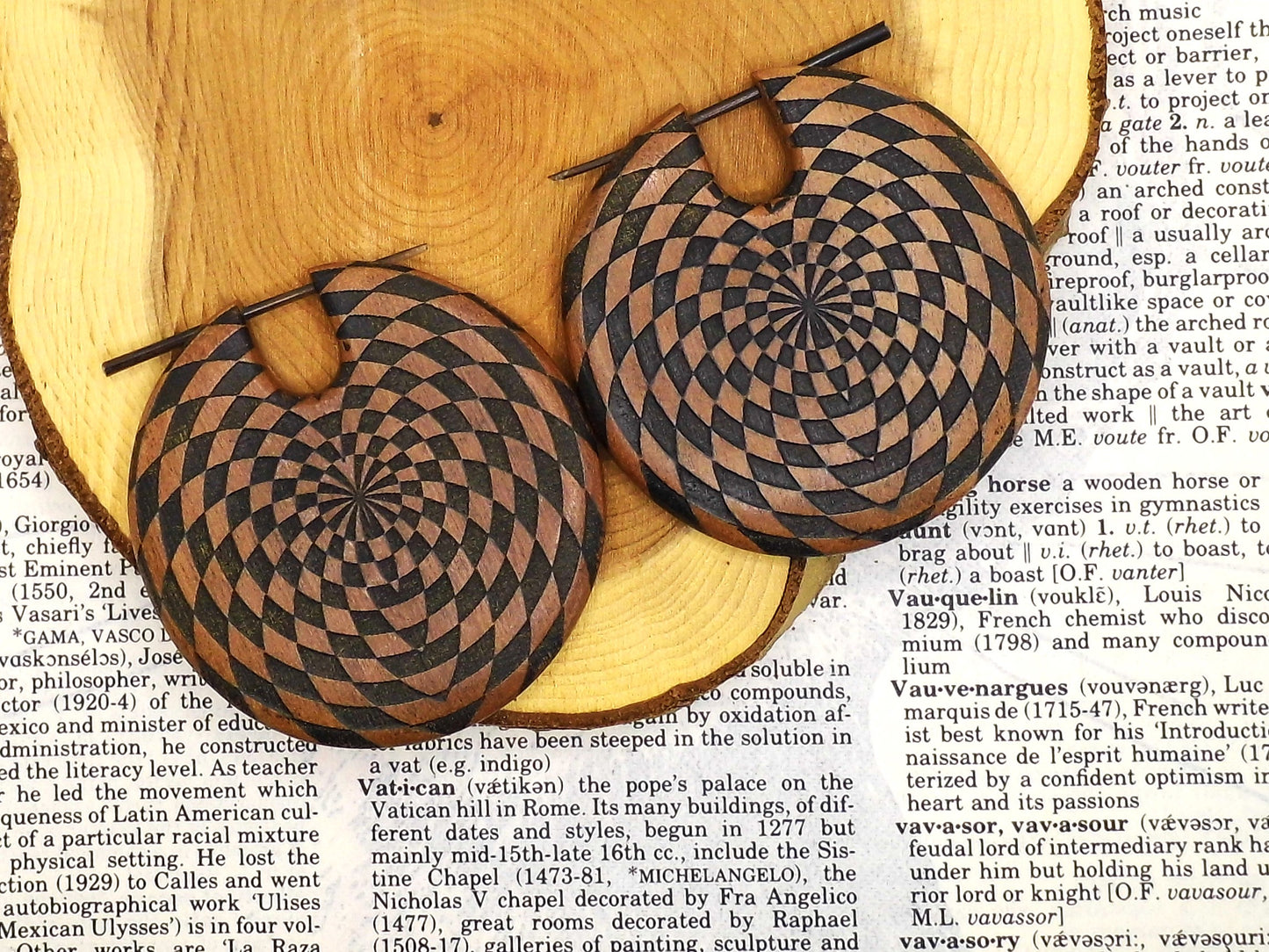 Huge Wood Organic Earrings Unisex Checkered