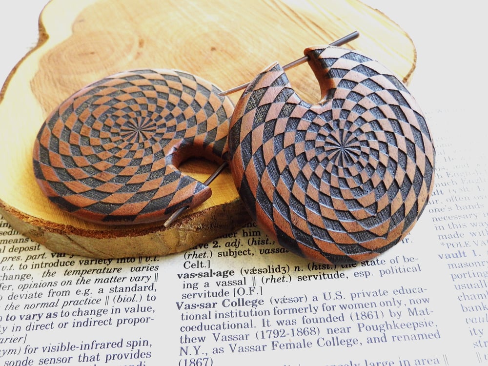 Huge Wood Organic Earrings Unisex Checkered
