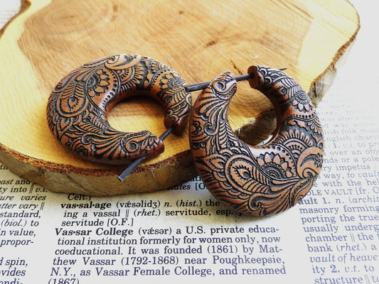 Womens Small Stunning Carved Organic Wooden Earrings