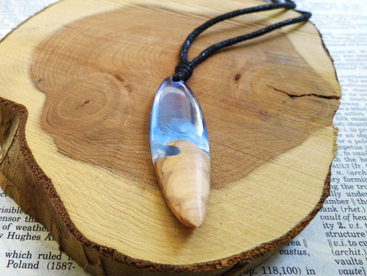 Wooden Pendant Blue Epoxy Resin Pendant Necklace Surf