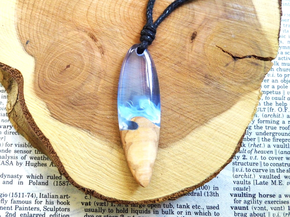 Wooden Pendant Blue Epoxy Resin Pendant Necklace Surf