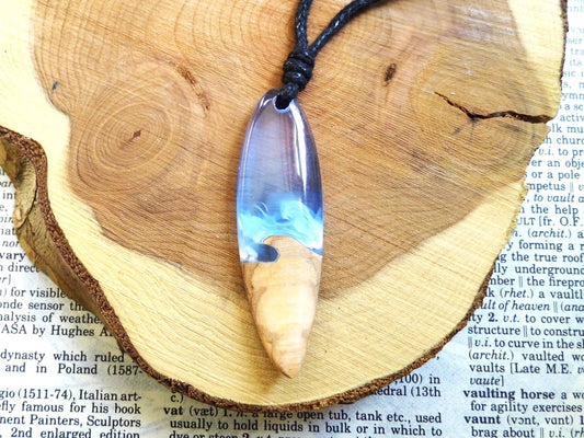 Wooden Pendant Blue Epoxy Resin Pendant Necklace Surf