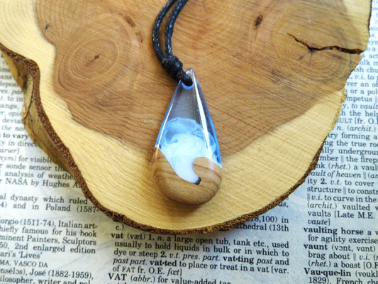 Wooden Pendant Blue Epoxy Resin Pendant Necklace