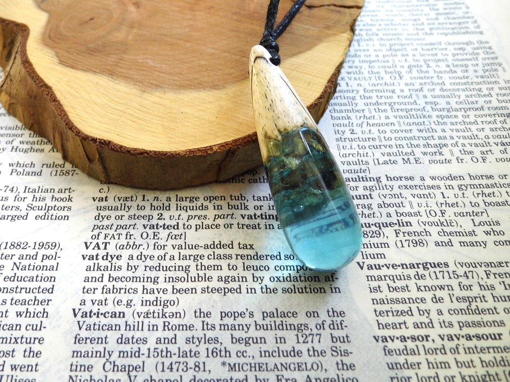 Wooden Pendant Blue Green Epoxy Resin Pendant Necklace