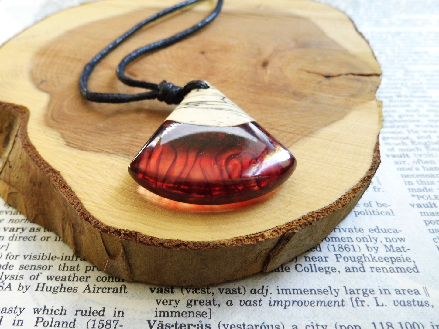 Wooden Pendant Necklace Red Fire Epoxy Resin