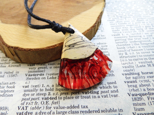 Wooden Pendant Necklace Red Fire Epoxy Resin
