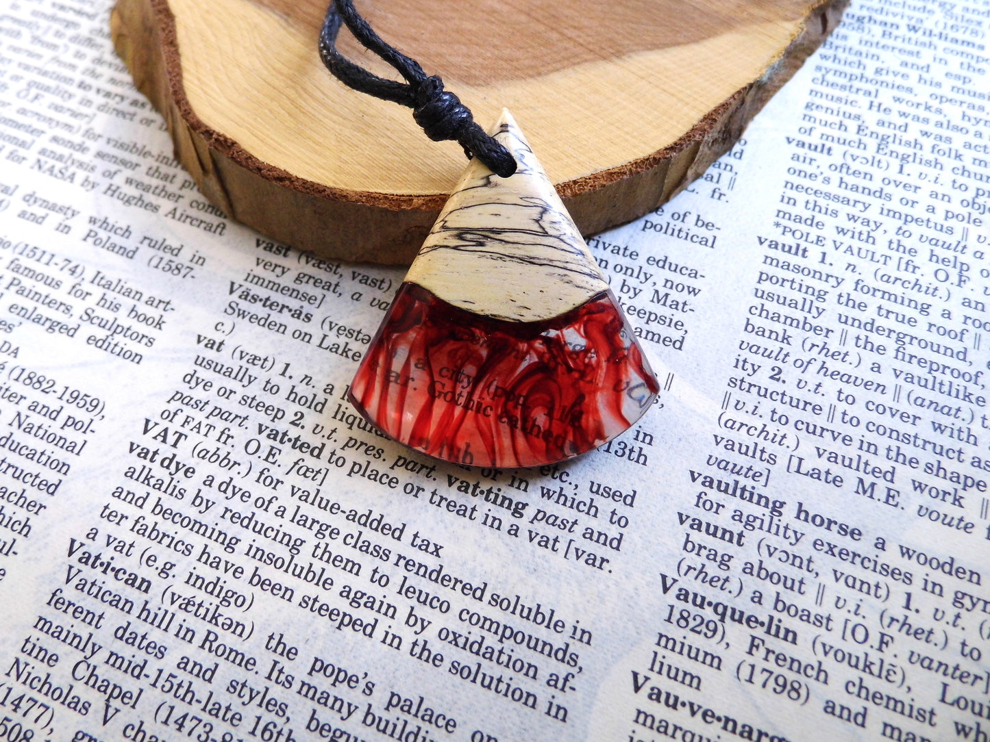 Wooden Pendant Necklace Red Fire Epoxy Resin